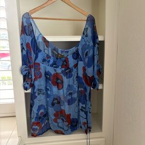 Anthropologie Fei Blue Silk Chiffon Floral Off The Shoulder Blouse Tassels 14